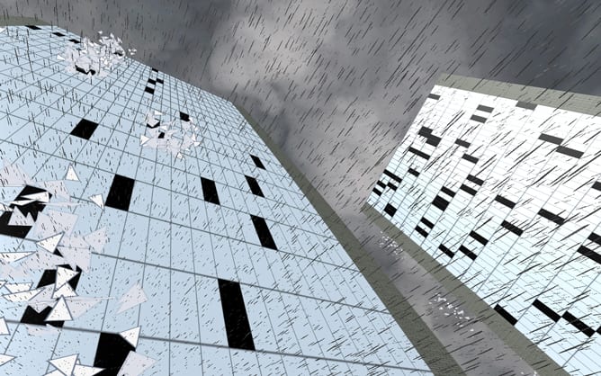 A computer generated simulation of windows shattering in a skyscraper.